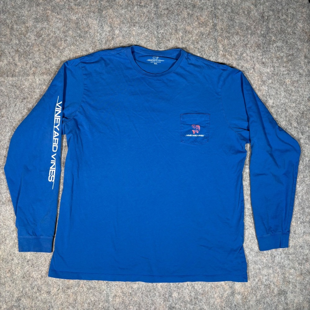 Vineyard Vines Long Sleeve Pocket T-Shirt Mens XXL Blue Striped Bass Rock Fish
